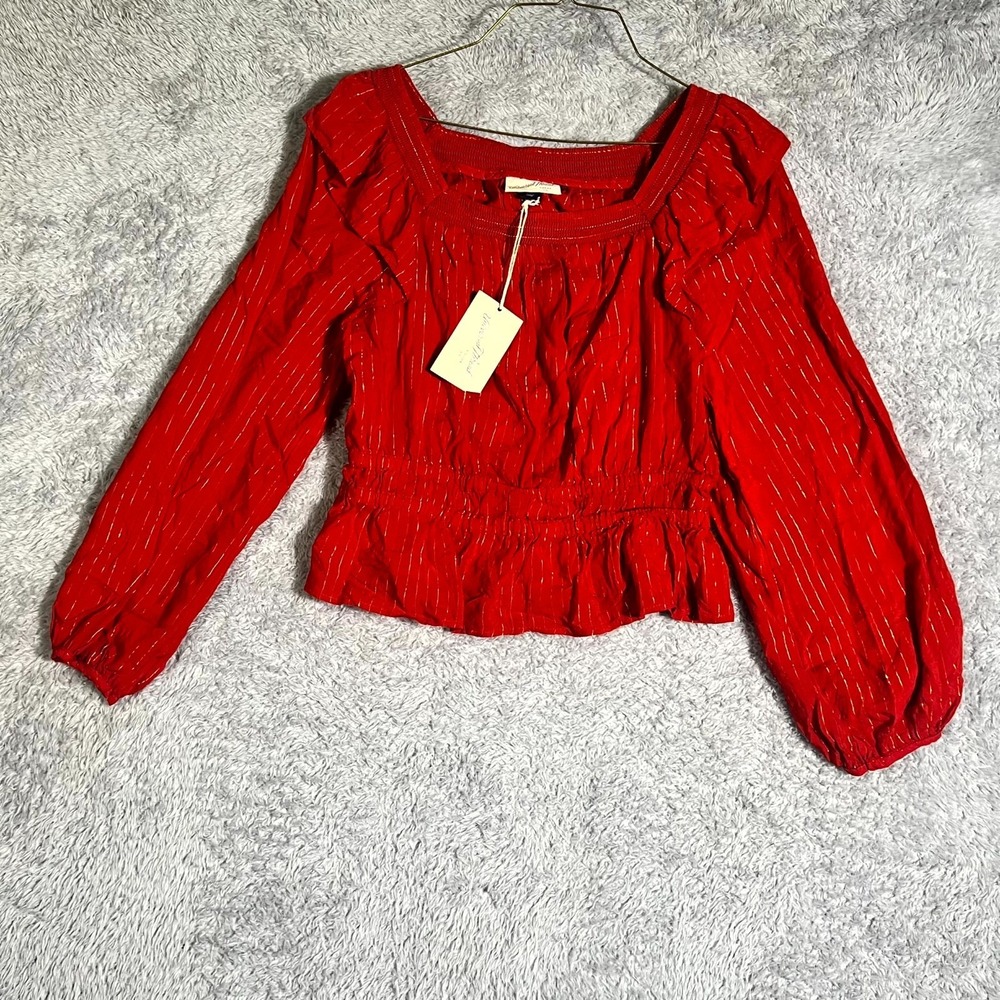 Universal Thread Goods Co. Top Womens S Red Metallic Stripe Ruffle Smocked Waist